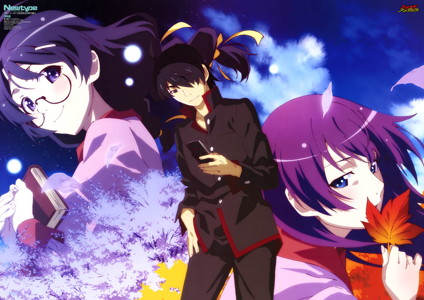 1boy 2girls absurdres ahoge araragi_koyomi bakemonogatari black_hair book braid cellphone cherry_blossoms cloud glasses hair_ribbon hanekawa_tsubasa highres koyomimonogatari maple_(maplehy) monogatari_(series) multiple_girls naoetsu_high_school_uniform phone purple_hair ribbon school_uniform senjougahara_hitagi star_(sky)