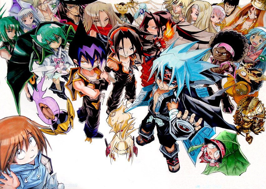 6+boys 6+girls amidamaru asakura_hao asakura_yoh bandana bason beard black_hair blonde_hair blue_eyes blue_hair book brown_eyes brown_hair china_dress chinese_clothes chocolove commentary_request dress eliza_(shaman_king) facial_hair glasses gloves green_hair hairband headphones highres iron_maiden_jeanne jewelry johann_faust_viii koropokkuru kororo kyouyama_anna long_hair luchist_lasso lyserg_diethel marco_lasso matamune mic_(shaman_king) morphine multiple_boys multiple_girls necklace official_style ohachiyo opacho oyamada_manta pascal_avaf photoshop_(medium) pink_hair red_eyes sati_saigan shaman_king short_hair silver_hair tamamura_tamao tao_jun tao_ren tokagerou torara_(shaman_king) traditional_media umemiya_ryuunosuke usui_horokeu usui_no_ken usui_pirika very_long_hair