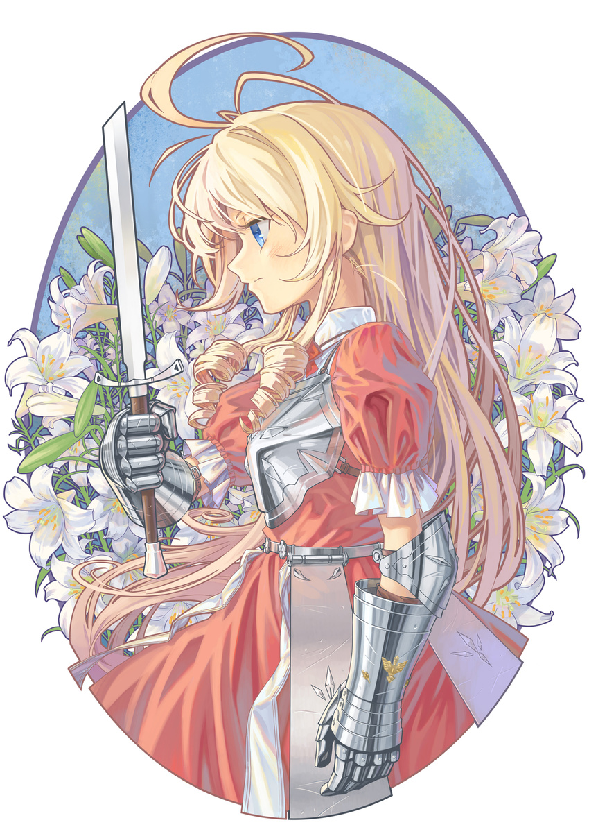 ahoge armor armored_dress blonde_hair blue_eyes commentary_request cowboy_shot dress drill_hair drill_sidelocks expressionless female flower highres holding holding_sword holding_weapon kanpani_girls lily_(flower) long_hair metal_gloves monique_waroquier okuribi photoshop_(medium) profile red_dress ringlets sidelocks solo sword weapon