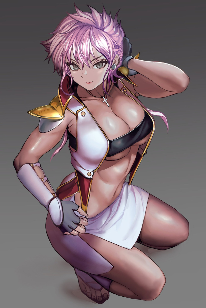 black_eyes black_gloves black_tube_top breasts cleavage collarbone cropped_jacket cross cross_necklace dark-skinned_female dark_skin female from_above gloves gundam gundam_zz hair_behind_ear hand_on_own_head highres illia_pazom jacket jewelry medium_breasts necklace pencil_skirt pink_hair rokuba short_hair skirt sleeveless sleeveless_jacket solo squatting strapless tube_top v-shaped_eyebrows white_jacket white_skirt