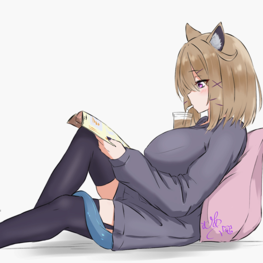 animal_ear_fluff animal_ears arknights black_nails black_thighhighs blush book breasts brown_hair cup disposable_cup dress drinking feet_out_of_frame female fingernails from_side garter_straps grey_dress grey_sweater hair_ornament highres holding holding_book knee_up large_breasts long_fingernails long_sleeves maiq06 nail_polish open_book pillow profile purple_eyes reading short_hair signature simple_background sitting solo sweater sweater_dress tail thighhighs utage_(arknights) white_background x_hair_ornament zettai_ryouiki