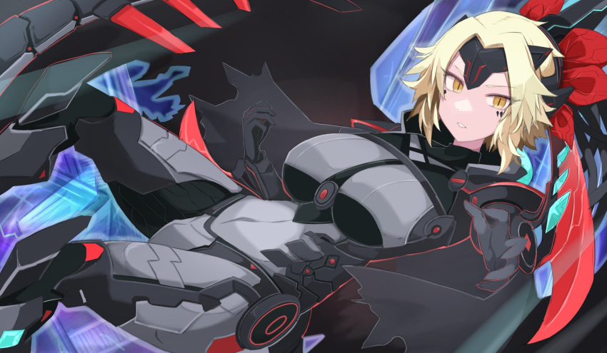 arm_blade black_bodysuit blonde_hair bodysuit breasts covered_navel dinomorphia_kentregina duel_monster dutch_angle female headband highres impossible_clothes large_breasts mechanical_tail orange_eyes sakuragi_raia short_hair solo tail weapon yu-gi-oh!