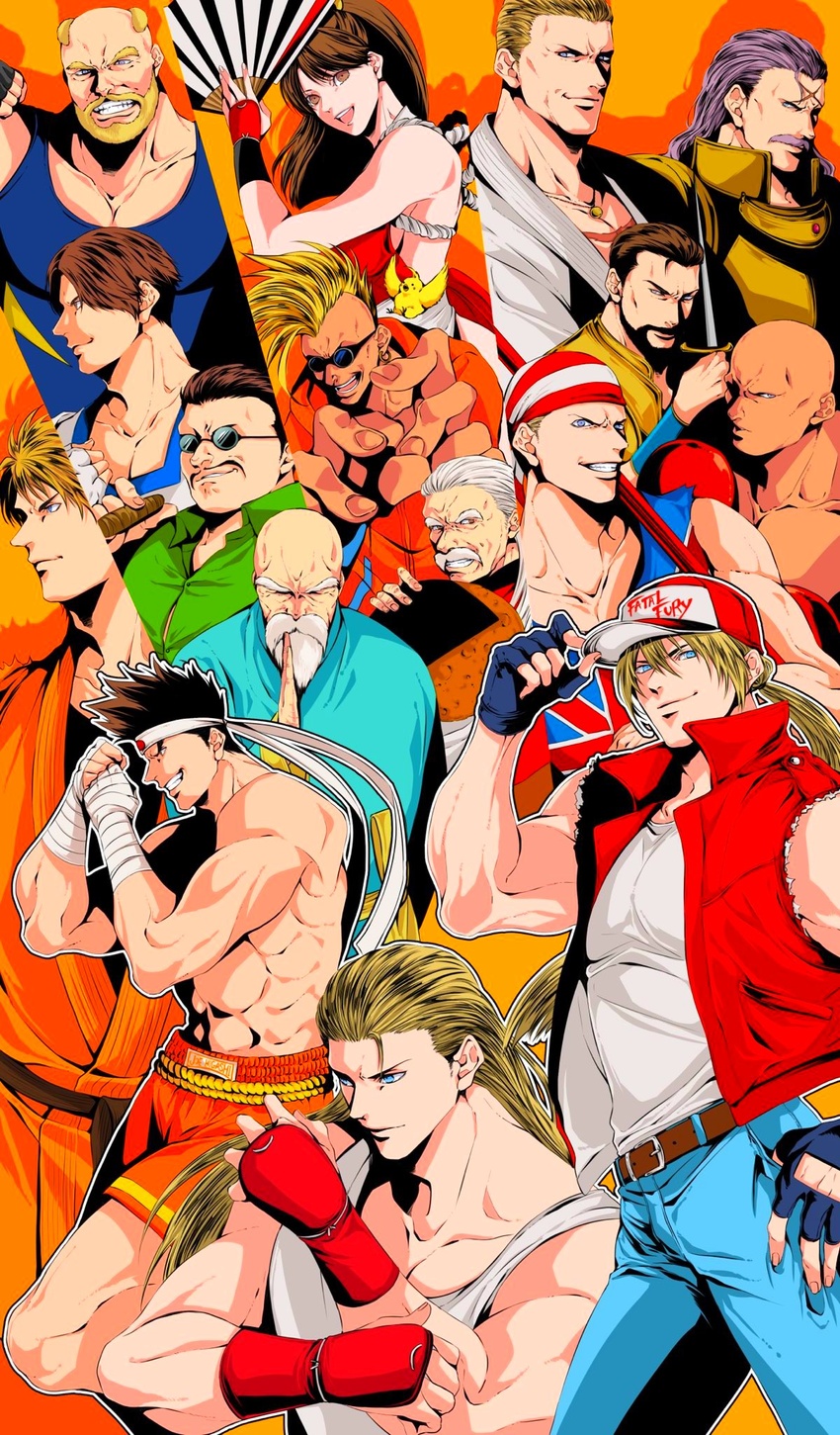 6+boys andy_bogard arm_guards armor axel_hawk bad_id bad_twitter_id bandages bandana baseball_cap big_bear billy_kane blonde_hair cheng_sinzan dougi duck_king fatal_fury fatal_fury_cap female fingerless_gloves folding_fan geese_howard gloves hand_fan hat highres joe_higashi kim_kaphwan laurence_blood multiple_boys osakana_e ponytail ryou_sakazaki ryuuko_no_ken shiranui_mai sunglasses terry_bogard the_king_of_fighters tung_fue_rue wolfgang_krauser yamada_jubei