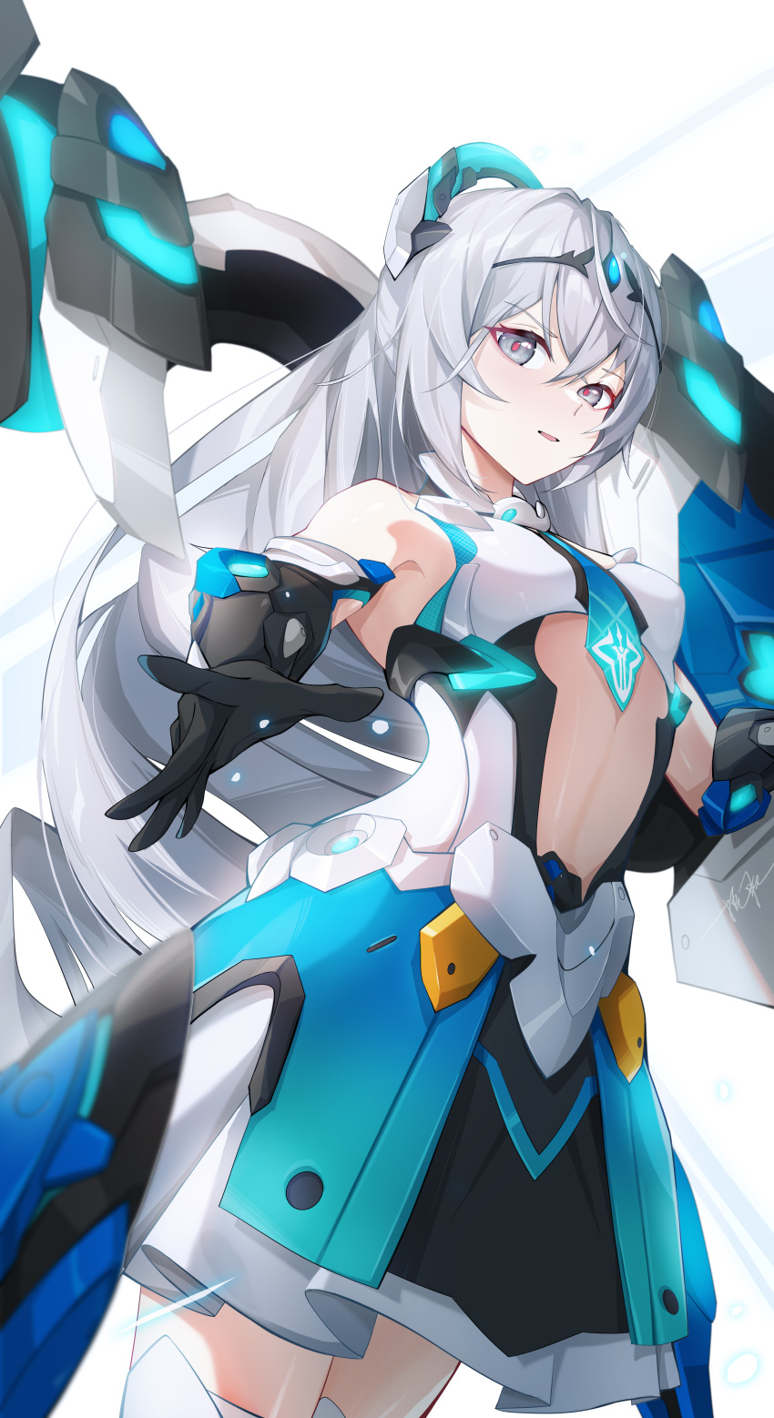 absurdres bare_shoulders black_gloves breasts bronya_zaychik bronya_zaychik_(herrscher_of_truth) clothing_cutout cowboy_shot dress drill_hair female gloves grey_eyes grey_hair hair_between_eyes headgear highres honkai_(series) honkai_impact_3rd long_hair looking_at_viewer ooo_wange open_mouth red_pupils simple_background small_breasts solo stomach_cutout white_background