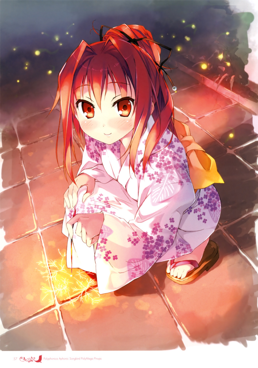 absurdres blush corticarte_apa_lagranges feet female fireflies fireworks floral_print from_above hair_intakes highres japanese_clothes kantoku kimono looking_at_viewer looking_up obi pink_kimono red_eyes red_hair sandals sash scan senkou_hanabi shinkyoku_soukai_polyphonica shinkyoku_soukai_polyphonica_aphonic_songbird smile solo sparkler squatting yukata