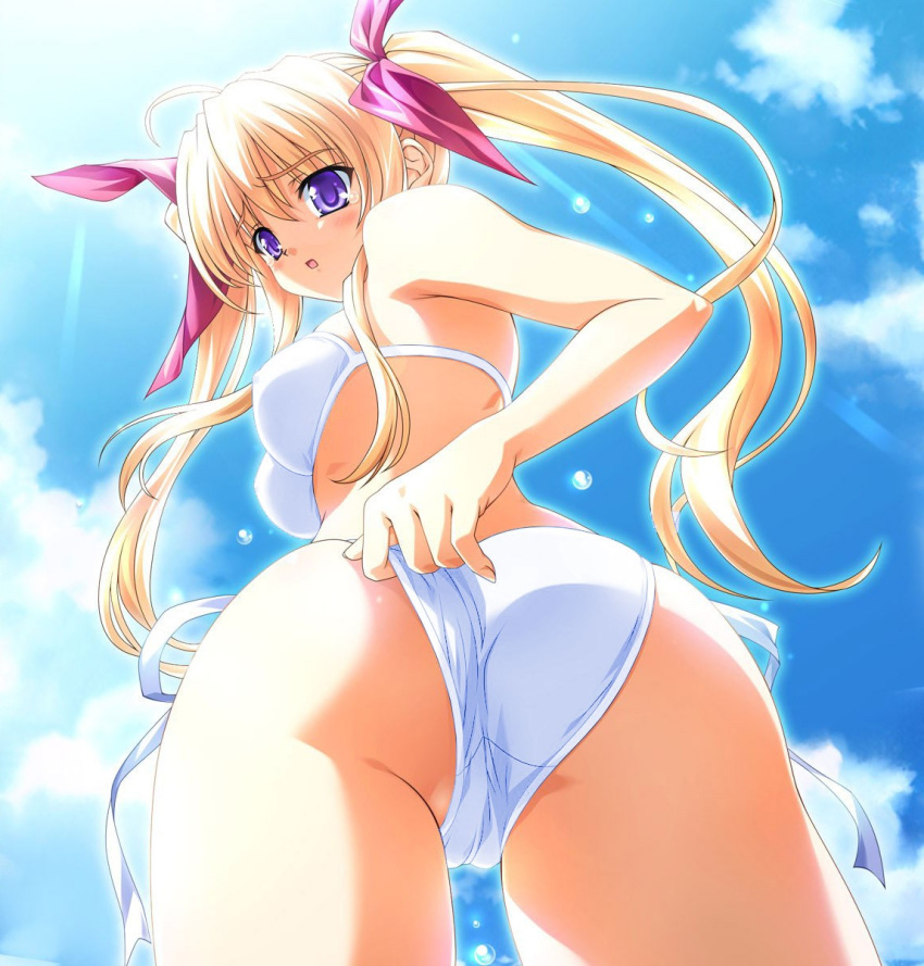 :o ass bikini blonde_hair breasts cloud day duplicate female highres large_breasts long_hair looking_back nagisano purple_eyes sky solo swimsuit tears tsukasa_yuuki twintails yagyuu_aoi