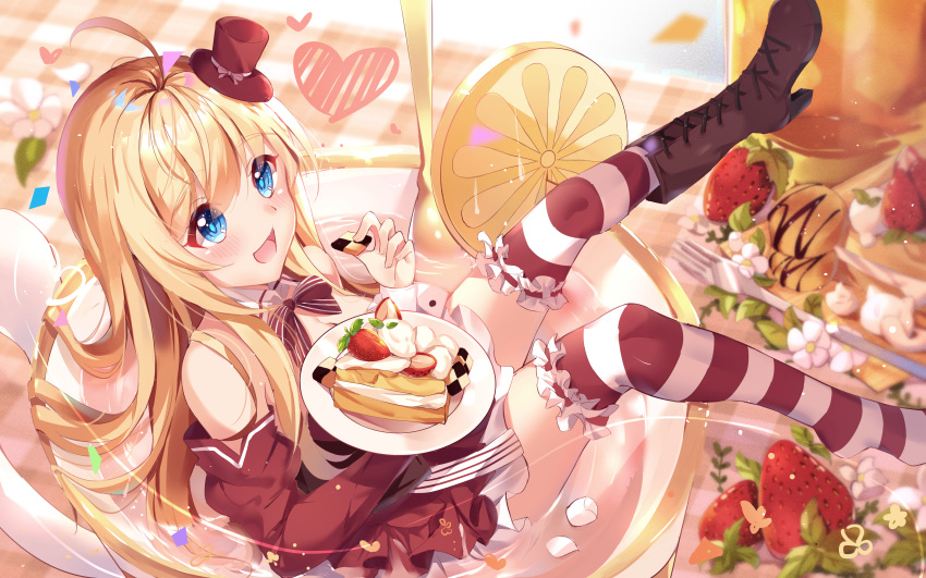 :d absurdres ahoge blonde_hair blue_eyes blurry blurry_background blush boots breasts brown_dress brown_footwear brown_hat brown_sleeves cake cake_slice checkerboard_cookie chinese_commentary chocolat_(noucome) cleavage commentary_request cookie cross-laced_footwear cup depth_of_field detached_sleeves dress female flower food fork frilled_thighhighs frills fruit hat heart high_heel_boots high_heels highres holding holding_food in_container in_cup juliet_sleeves lace-up_boots long_hair long_sleeves medium_breasts mini_hat mini_person mini_top_hat minigirl nahaki open_mouth ore_no_nounai_sentakushi_ga_gakuen_love-comedy_wo_zenryoku_de_jama_shiteiru petals petals_on_liquid plaid puffy_sleeves single_boot smile solo strapless strapless_dress strawberry striped_clothes striped_thighhighs thighhighs thighhighs_under_boots tilted_headwear top_hat very_long_hair white_flower