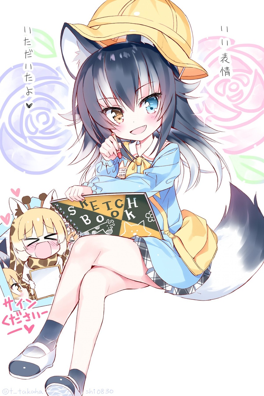 >_< 6+girls :d adapted_costume animal_ears animal_print bag black_hair black_socks blonde_hair blue_eyes blush bow bowtie commentary_request crayon crossed_legs ezo_red_fox_(kemono_friends) giraffe_ears giraffe_girl giraffe_horns giraffe_print grey_hair grey_wolf_(kemono_friends) hat heterochromia highres horns kaban_(kemono_friends) kemono_friends kindergarten_bag kindergarten_uniform long_hair long_sleeves mary_janes multiple_girls name_tag nose_blush open_mouth orange_eyes orange_hair plaid plaid_skirt pleated_skirt print_bow print_scarf reticulated_giraffe_(kemono_friends) sailor_collar scarf school_hat serval_(kemono_friends) shoes short_hair silver_fox_(kemono_friends) sketchbook skirt smile socks tail takahashi_tetsuya translation_request wolf_ears wolf_girl wolf_tail xd yellow_bow yellow_bowtie yellow_eyes