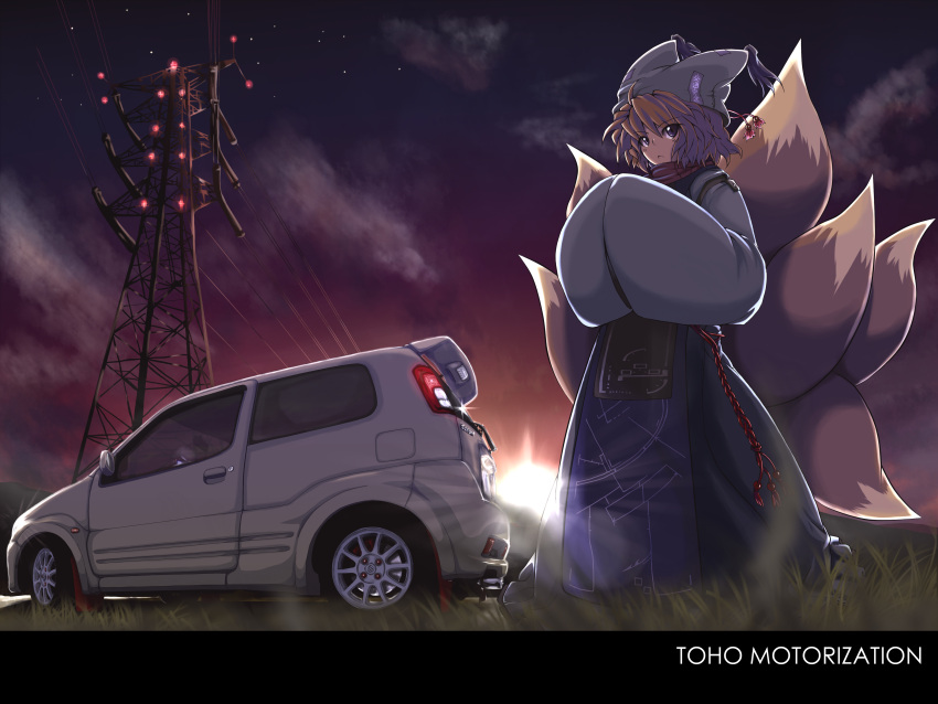 :< absurdres blonde_hair brown_eyes car cloud commentary_request contemporary female fox_tail grass hands_in_opposite_sleeves hat hayate-s highres motor_vehicle multiple_tails outdoors photoshop_(medium) power_lines short_hair solo star_(sky) sun suzuki_(company) tail touhou yakumo_ran