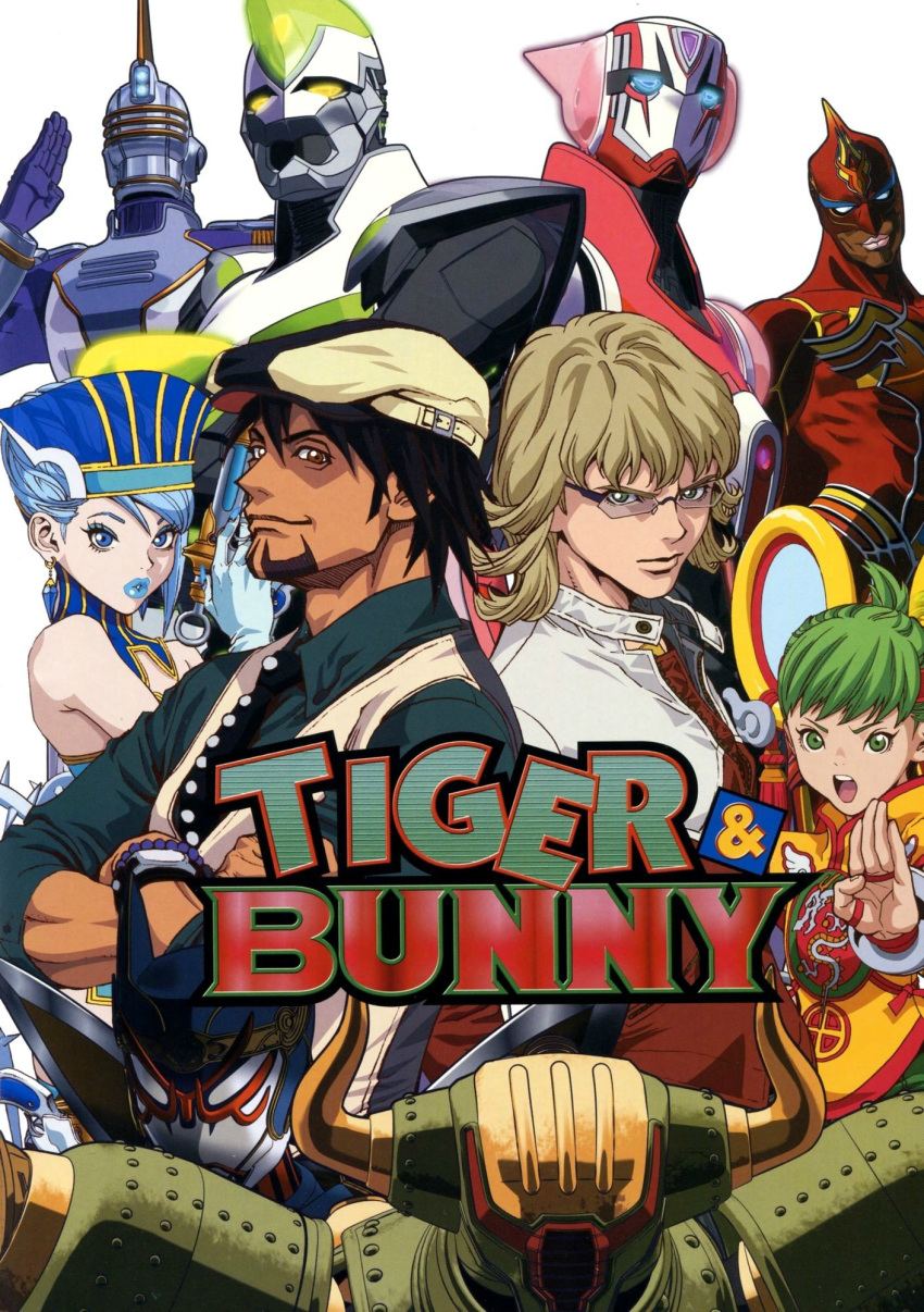 2girls 6+boys antonio_lopez armor barnaby_brooks_jr. blonde_hair blue_rose brown_eyes brown_hair cabbie_hat cape copyright_name dark_skin dragon_kid facial_hair fire_emblem_(tiger_&_bunny) glasses green_eyes hat highres huang_baoling ivan_karelin jacket kaburagi_t._kotetsu karina_lyle katsura_masakazu keith_goodman logo multiple_boys multiple_girls nathan_seymour necktie official_art origami_cyclone power_armor power_suit red_jacket rock_bison short_hair sky_high_(tiger_&_bunny) spandex stubble superhero_costume tiger_&_bunny vest waistcoat wild_tiger