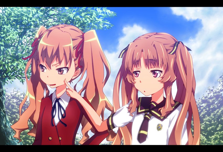 2girls aisaka_taiga ano_natsu_de_matteru brown_eyes brown_hair cheek_poking commentary_request company_connection crossover highres letterboxed long_hair multiple_girls oohashi_high_school_uniform poking red_eyes school_uniform toradora! twintails xxxx yamano_remon