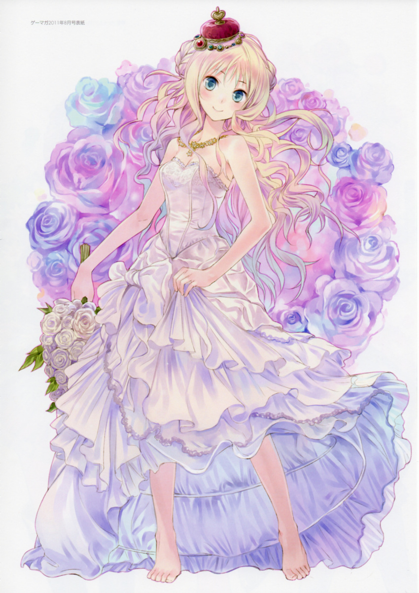 absurdres arched_crown atelier_(series) atelier_meruru bare_shoulders barefoot blonde_hair blue_flower blue_rose bouquet crown dress feet female flower frills half_updo highres jewelry kishida_mel long_hair merurulince_rede_arls multicolored_flower multicolored_rose necklace photoshop_(medium) pink_flower pink_rose purple_flower purple_rose red_crown rose skirt_hold smile solo tilted_headwear tiptoes wavy_hair white_flower white_rose