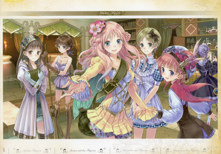 6+girls alchemy atelier_(series) atelier_meruru bag bare_shoulders black_legwear blonde_hair blue_eyes book bookshelf boots bow braid broom brown_eyes brown_hair cabinet curtains dress flask floor flower gloves green_eyes hair_bun hair_ribbon half_updo hat hat_flower headdress highres holding holding_book holding_hands hom_(atelier) hood hood_down hooded_jacket indoors jacket juana_olsys kaena_swaya kishida_mel knee_boots long_hair looking_at_viewer merurulince_rede_arls multiple_girls official_art open_mouth outstretched_arm own_hands_together pantyhose patterned photoshop_(medium) plaid plaid_dress purple_eyes purple_hair reaching ribbon rororina_fryxell shoes short_hair shorts shoulder_bag single_hair_bun skirt smile test_tube thighhighs tilted_headwear totooria_helmold waist_bow white_legwear