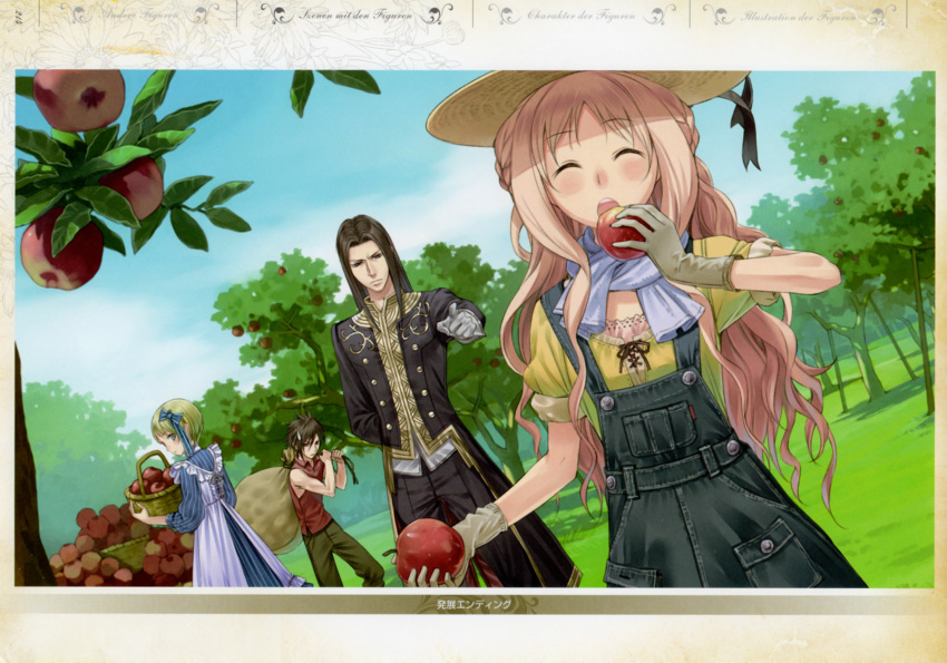 2boys 2girls apple atelier_(series) atelier_meruru basket black_hair blonde_hair brown_hair carrying closed_eyes day dress farm food formal fruit gloves hair_ribbon half_updo hat hat_ribbon highres holding kaena_swaya kishida_mel ladder leaf lias_falken long_hair merurulince_rede_arls multiple_boys multiple_girls open_mouth outdoors pants photoshop_(medium) pointy_ears ribbon rufus_falken sack scarf shirt short_hair sky sleeveless sleeveless_shirt sleeves_rolled_up standing suit suspenders tree