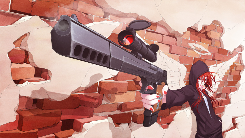 bad_id bad_pixiv_id blue_eyes brick_wall candy celtic_cross commentary_request compensator crack cracked_wall cross desert_eagle drawn_wings extended_magazine female finger_on_trigger food foreshortening glasses gun hair_between_eyes halo hamada_youho hand_in_pocket handgun highres holding holding_gun holding_weapon hood hoodie latin_text lollipop long_hair mouth_hold muzzle_device nail_polish original partially_unzipped photoshop_(medium) red-framed_eyewear red_hair red_nails scope shadow smoke smoking_barrel solo stucco swirl_lollipop translated typo weapon wings zipper