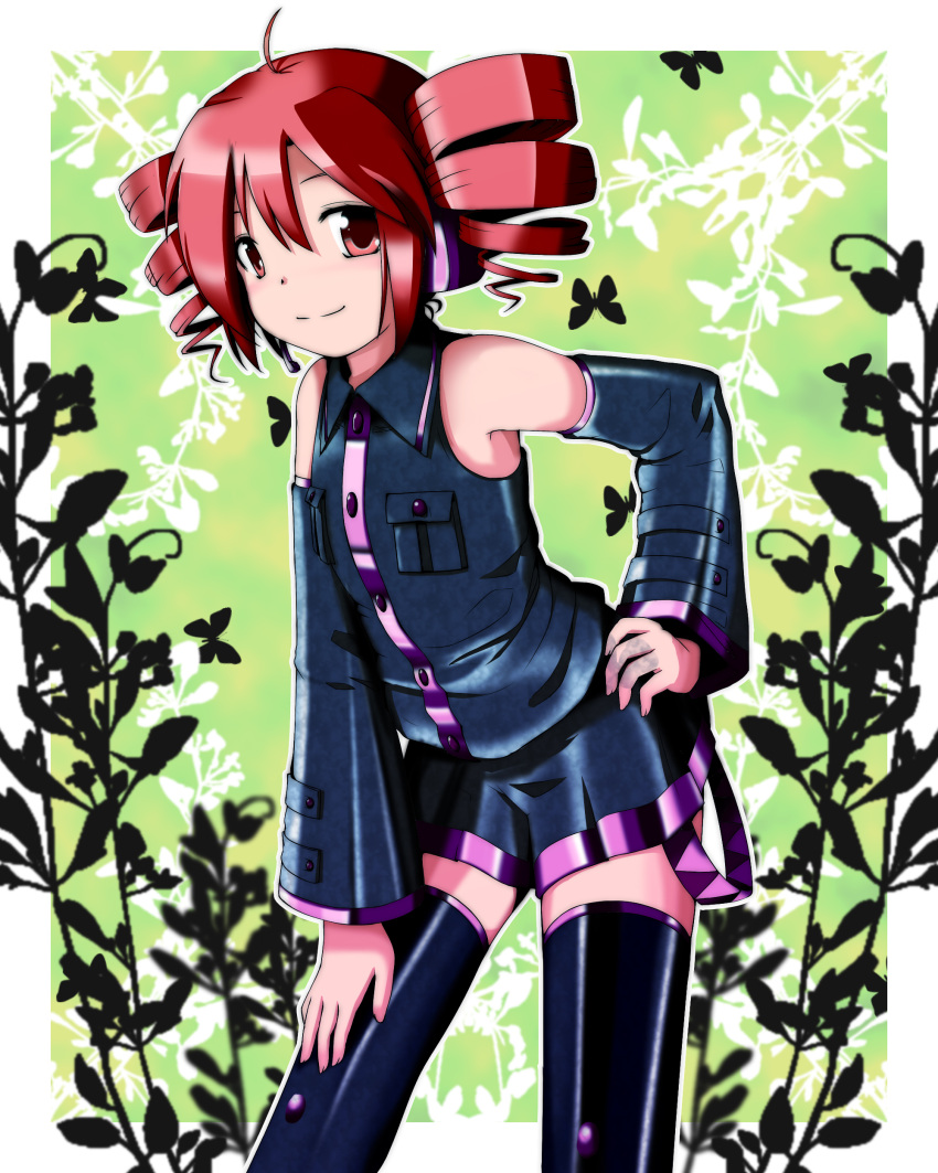 absurdres ahoge bug butterfly colorized commentary_request detached_sleeves drill_hair female hand_on_own_hip highres kasane_teto masu_shu photoshop_(medium) red_eyes red_hair smile solo thighhighs twin_drills twintails utau