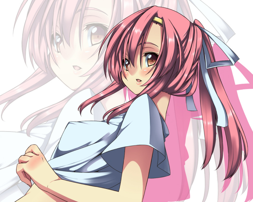 akutsu brown_eyes clothes_lift commentary_request female hayate_no_gotoku! katsura_hinagiku long_hair pink_hair ponytail shirt_lift solo zoom_layer