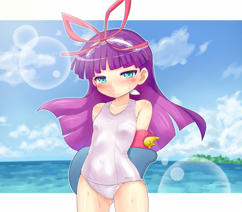 bad_id bad_pixiv_id blush covered_navel day feli_(puyopuyo) female green_eyes hairband highres kickboard lens_flare long_hair matanonki one-piece_swimsuit purple_hair puyopuyo puyopuyo_fever school_swimsuit solo swimsuit wet white_one-piece_swimsuit