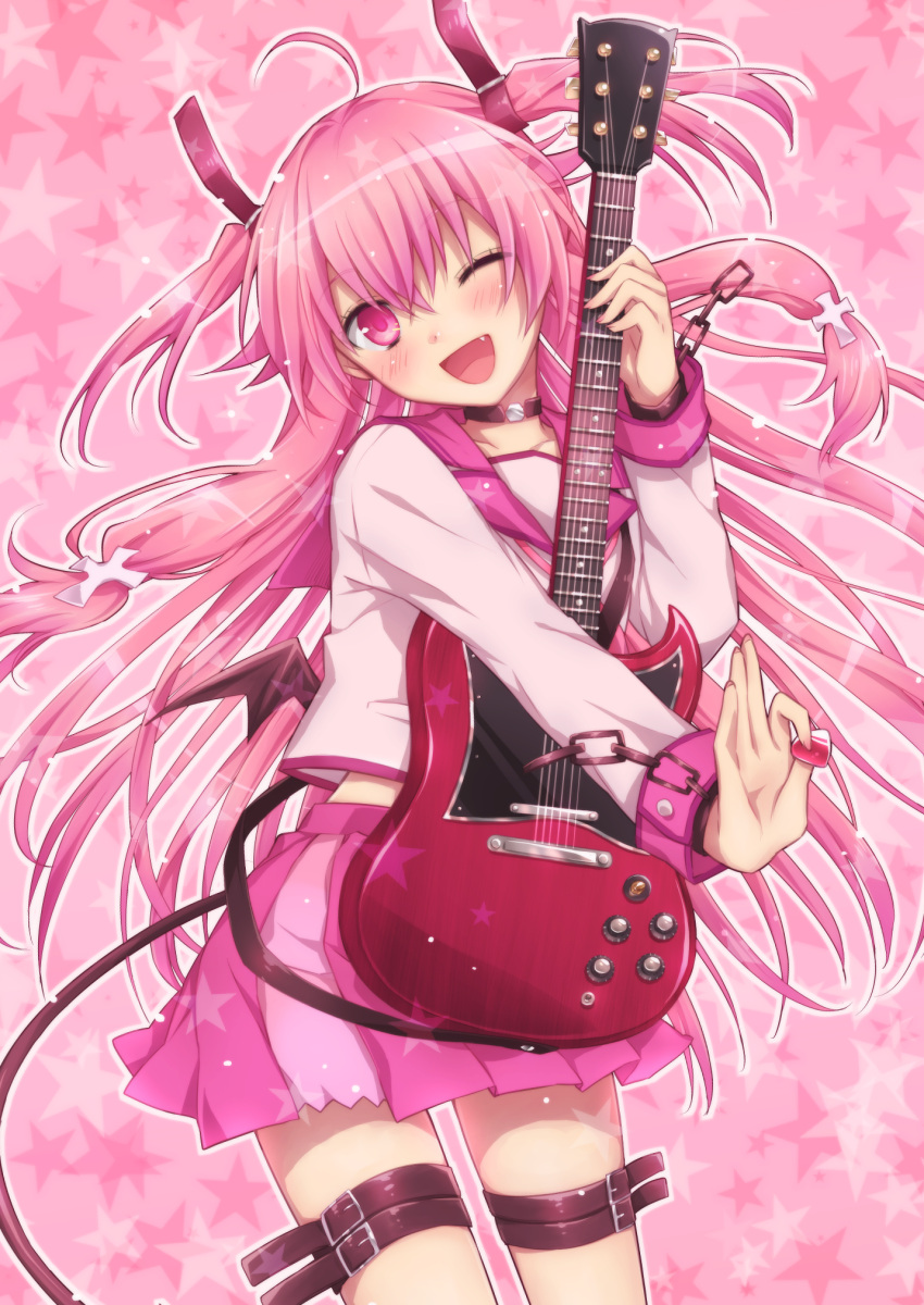 ;d angel_beats! bad_id bad_pixiv_id female guitar highres instrument long_hair natsu_natsuna oerba_yun_fang one_eye_closed open_mouth pink_background pink_eyes pink_hair pink_theme plectrum school_uniform serafuku shinda_sekai_sensen_uniform smile solo two_side_up yui_(angel_beats!)