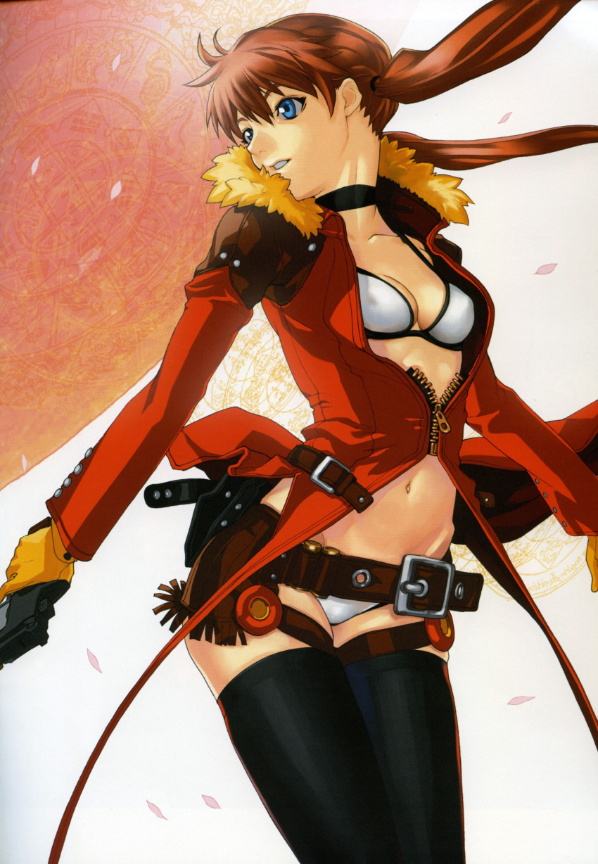 absurdres alternate_hairstyle bakuretsu_tenshi belt belt_skirt bikini black_thighhighs blue_eyes breasts brown_hair buckle cherry_blossoms choker cleavage female fringe_trim fur_trim gloves gun hakua_ugetsu handgun highres holster jacket long_hair meg_(bakuretsu_tenshi) navel open_clothes open_jacket open_mouth skindentation small_breasts solo swimsuit thighhighs twintails unzipped weapon white_bikini