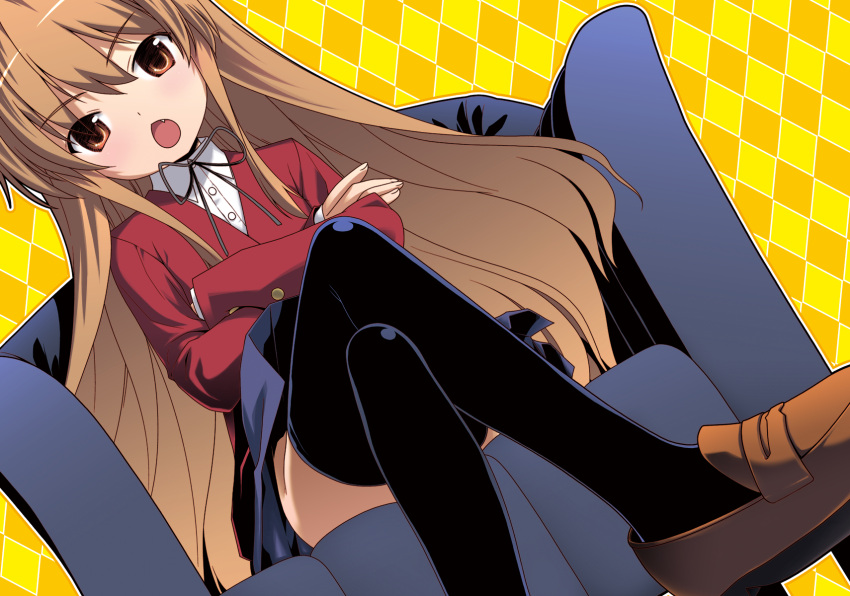 aisaka_taiga black_thighhighs brown_eyes brown_hair chair commentary_request crossed_legs easy_chair female highres kurosu_tsugutoshi long_hair looking_at_viewer oerba_yun_fang oohashi_high_school_uniform school_uniform sitting solo thighhighs toradora! very_long_hair