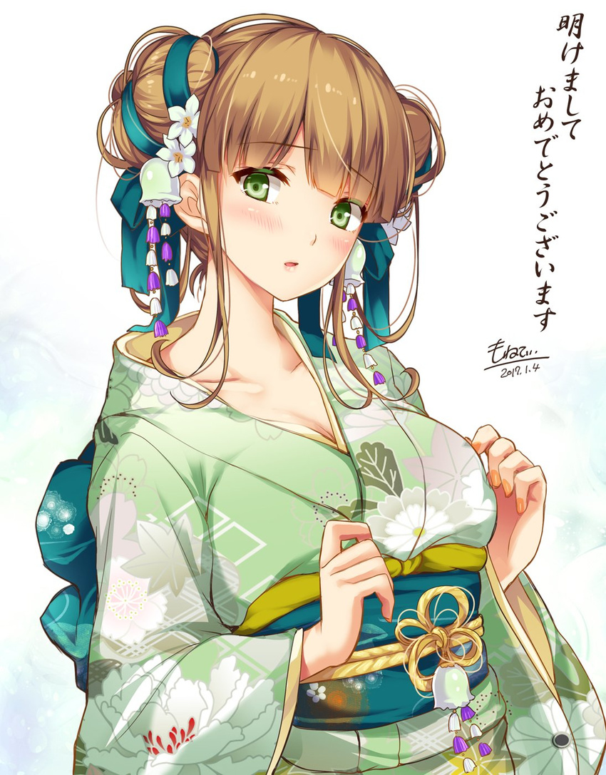 2017 :o alternate_costume blue_bow blunt_bangs blush bow breasts chrysanthemum_print cleavage collarbone colored_eyelashes commentary_request dated double_bun doughnut_hair_bun female floral_print flower flower_knight_girl green_bell_(flower_knight_girl) green_eyes hair_bun hair_flower hair_ornament hairbow happy_new_year head_tilt highres japanese_clothes kimono leaf_print long_sleeves looking_at_viewer medium_breasts monety nail_polish new_year obi orange_nails parted_lips peony_print sakuramon sash sidelocks signature simple_background solo tassel translated underbust upper_body white_background white_flower wide_sleeves