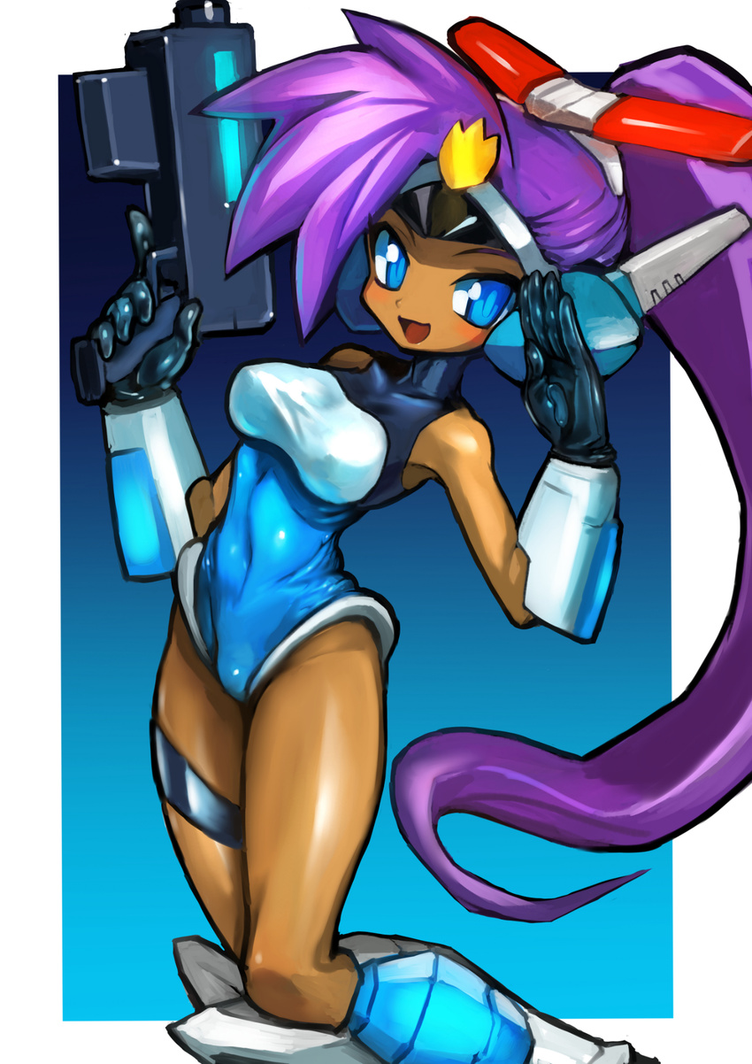 big_hair black_gloves blue_background blue_leotard blush border breasts commentary_request company_connection cosplay dakusuta dark-skinned_female dark_skin feet_out_of_frame female gloves gradient_background gun helmet highleg highleg_leotard highres holding holding_gun holding_weapon leotard long_hair looking_at_viewer medium_breasts mighty_(series) mighty_switch_force! open_mouth outside_border patricia_wagon patricia_wagon_(cosplay) ponytail purple_hair salute shantae shantae_(series) smile solo submachine_gun taut_clothes trigger_discipline wayforward weapon white_border