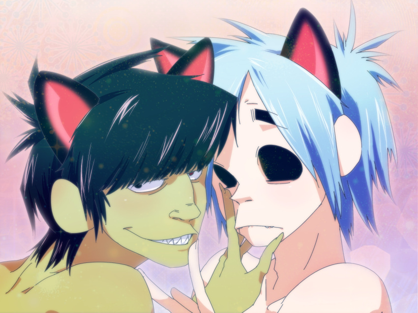 2boys 2d 2d_(gorillaz) 2guys animal_ears black_hair blue_hair fangs gorillaz heterochromia highres multiple_boys murdoc_niccals smile yaoi