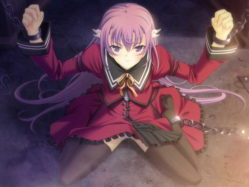 black_thighhighs bondage bondage bound chained chains dasoku_sentarou female game_cg highres long_hair long_sleeves looking_at_viewer panties purple_eyes purple_hair sitting skirt solo tenshi_no_hane_wo_fumanaide thighhighs underwear wariza white_panties yuuzutsu_hanene