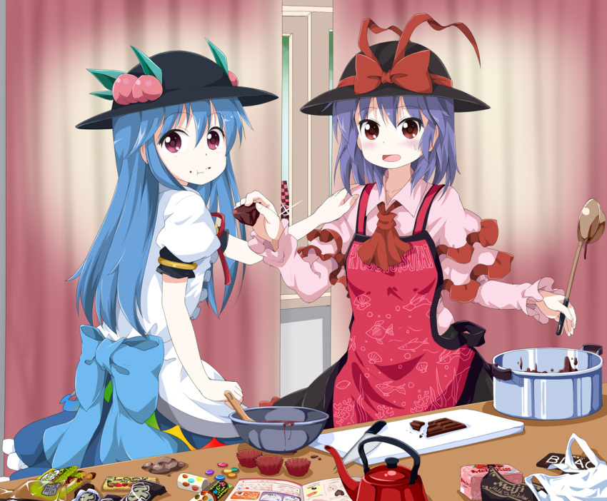 2girls :t apron ascot blue_hair blush candy capelet chocolate chocolate_bar chocolate_making commentary_request cooking_pot cutting_board eating feeding food fruit hand_on_another's_shoulder hat hat_ribbon himekaidou_hatate hinanawi_tenshi kettle kitchen kitchen_knife knife ladle long_hair marble_chocolate meiji_(brand) meiji_black_chocolate meiji_milk_chocolate meltykiss multiple_girls nagae_iku open_mouth peach purple_hair red_eyes ribbon ruu_(tksymkw) shirt short_hair skirt takenoko_no_sato touhou valentine