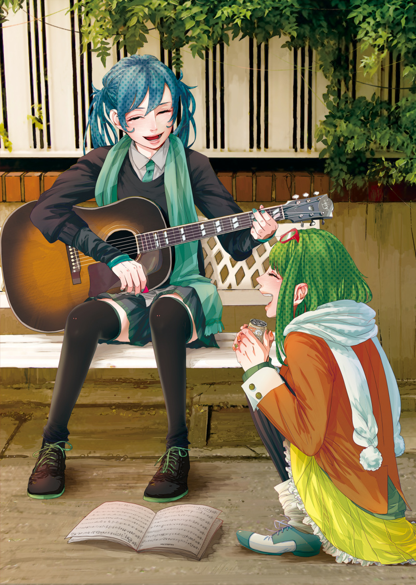 2girls acoustic_guitar aqua_hair bench black_legwear can casual closed_eyes coat commentary_request eyewear_on_head glasses green_hair green_scarf guitar gumi hannyag hatsune_miku highres instrument long_hair multiple_girls nail_polish necktie open_mouth pantyhose polka_dot red-framed_eyewear scarf sheet_music short_hair sitting skirt smile striped_clothes striped_pantyhose thighhighs twintails vertical-striped_clothes vertical-striped_pantyhose very_long_hair vocaloid white_scarf zettai_ryouiki