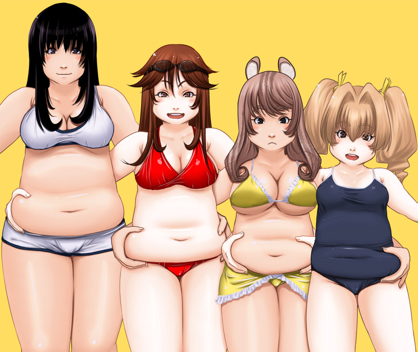 4girls anepiza-senpai animal_ears belly belly_grab blush bow breasts chubby hairbow happy highres kamisuki large_breasts long_hair looking_at_viewer mouse_ears multiple_girls open_mouth plump short_hair simple_background smile twintails yellow_background