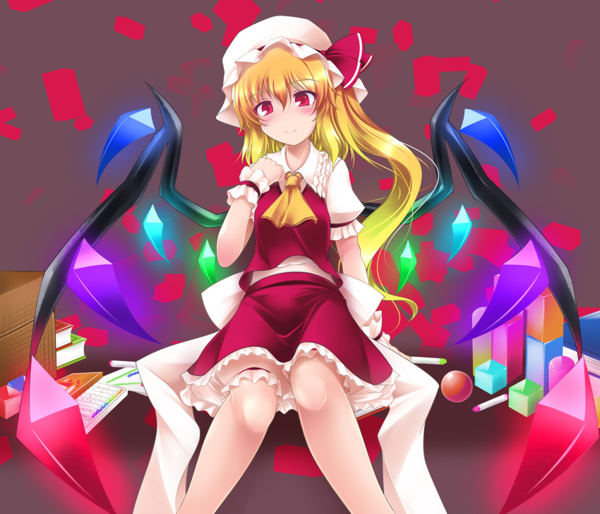 archived_source arm_up ascot blonde_hair bloomers blush book box clenched_hand closed_mouth crayon crystal feet_out_of_frame female flandre_scarlet gisyo glowing_crystal hair_between_eyes hand_on_own_chest hat hat_ribbon highres long_hair looking_at_viewer midriff paper red_eyes red_skirt red_vest ribbon shirt short_sleeves side_ponytail simple_background sitting skirt skirt_set smile solo touhou toy_block underwear vest white_bloomers white_hat white_shirt wings wrist_cuffs yellow_ascot