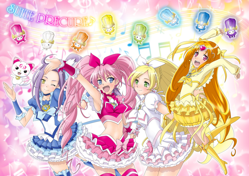 4girls arms_up bad_id bad_pixiv_id beamed_sixteenth_notes blonde_hair blue_choker blue_eyes blue_skirt boots bow bubble_skirt choker commentary_request copyright_name cure_beat cure_melody cure_muse_(yellow) cure_rhythm dodory dory eighth_note eunos eyelashes fary frills green_eyes hair_ornament heart highres houjou_hibiki hummy_(suite_precure) jewelry jumping knee_boots kurokawa_eren lary long_hair magical_girl midriff minamino_kanade miry multiple_girls musical_note one_eye_closed photoshop_(medium) pink_bow pink_hair pink_wrist_cuffs precure purple_hair quarter_note rainbow_order rainbow_text rery seiren_(suite_precure) shirabe_ako side_ponytail sixteenth_note skirt sory suite_precure thigh_boots thighhighs tiry twintails white_choker wrist_cuffs yellow_bow yellow_choker yellow_eyes