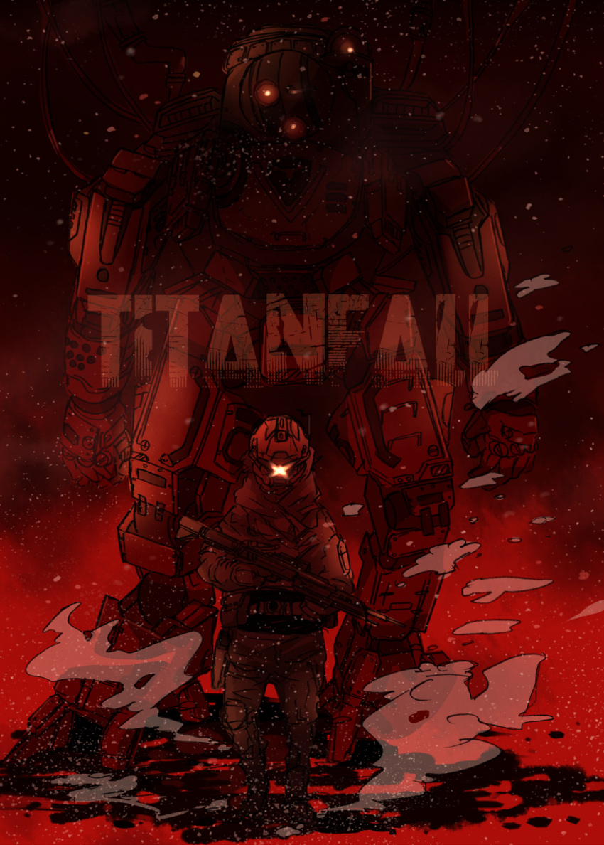 1boy 1other armor assault_visor atlas_(titanfall) copyright_name d-101_longbow glowing glowing_eyes gun helmet highres holding holding_gun holding_weapon machinery mecha open_hands pilot_helmet red_eyes rifle robot science_fiction smoke sniper_rifle tajima_(minagawa) titan_(titanfall) titanfall titanfall_(series) walking weapon