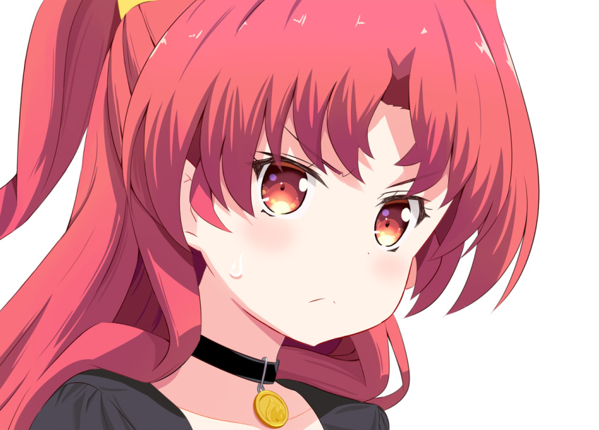 >:( black_choker blush choker closed_mouth collarbone commentary derivative_work female long_hair parted_bangs portrait red_eyes red_hair reina_(noukin) simple_background solo sweat two_side_up v-shaped_eyebrows watashi_nouryoku_wa_heikinchi_de_tte_itta_yo_ne! white_background yutsuki_warabi