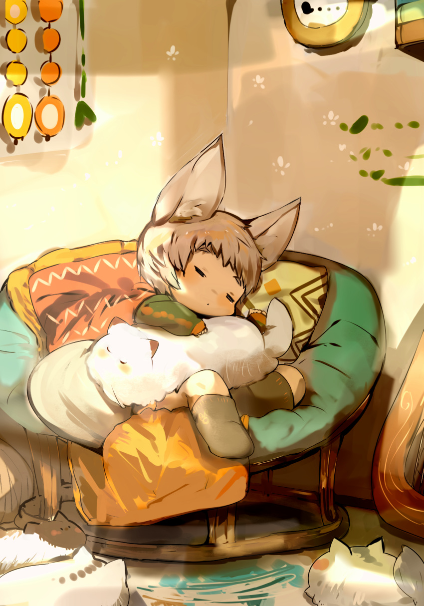 1boy animal animal_ears animal_on_lap bad_id bad_pixiv_id black_legwear blush cat_on_lap chibi closed_eyes feline fox_boy fox_ears fox_tail full_body highres light_brown_hair long_sleeves male_focus on_lap original papasan_chair reclining shirokujira sleeping sleeves_past_wrists socks tail