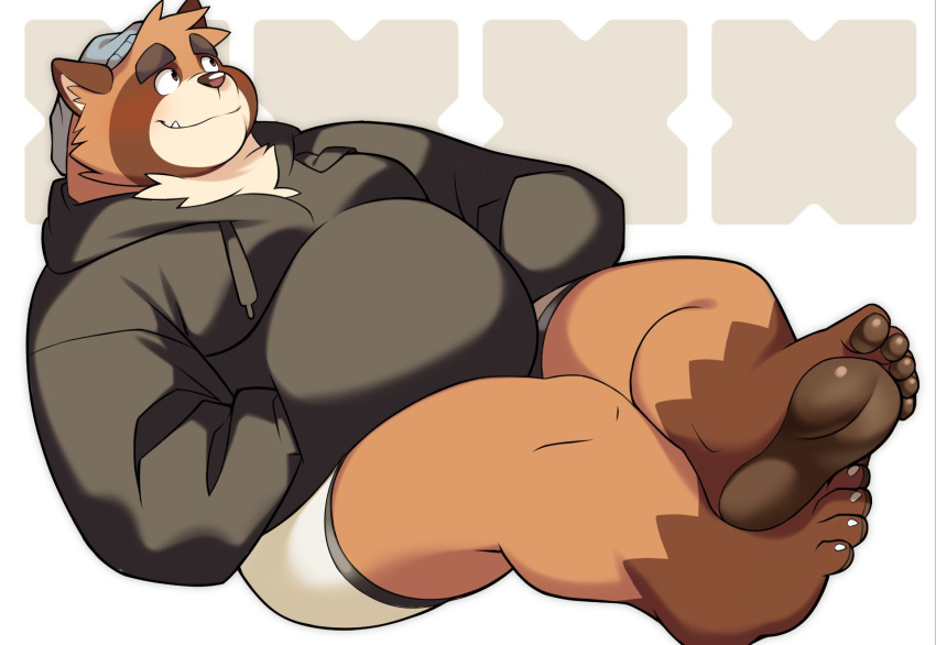 2020 anthro bakedanooki briefs brown_body brown_fur canid canine clothing cute_fangs drawyourfursona fur hat headgear headwear hi_res hoodie hoodie/briefs_meme male mammal meme meme_clothing overweight overweight_anthro overweight_male raccoon_dog sitting solo tanuki topwear underwear