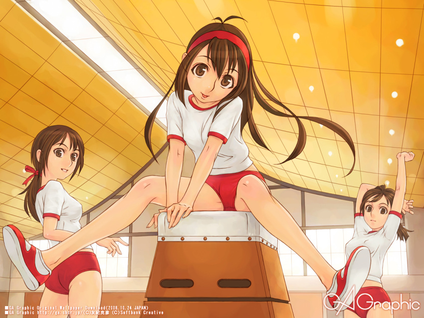 3girls brown_eyes brown_hair buruma gagraphic gym_uniform multiple_girls vaulting_horse yuuki_katsuhiko