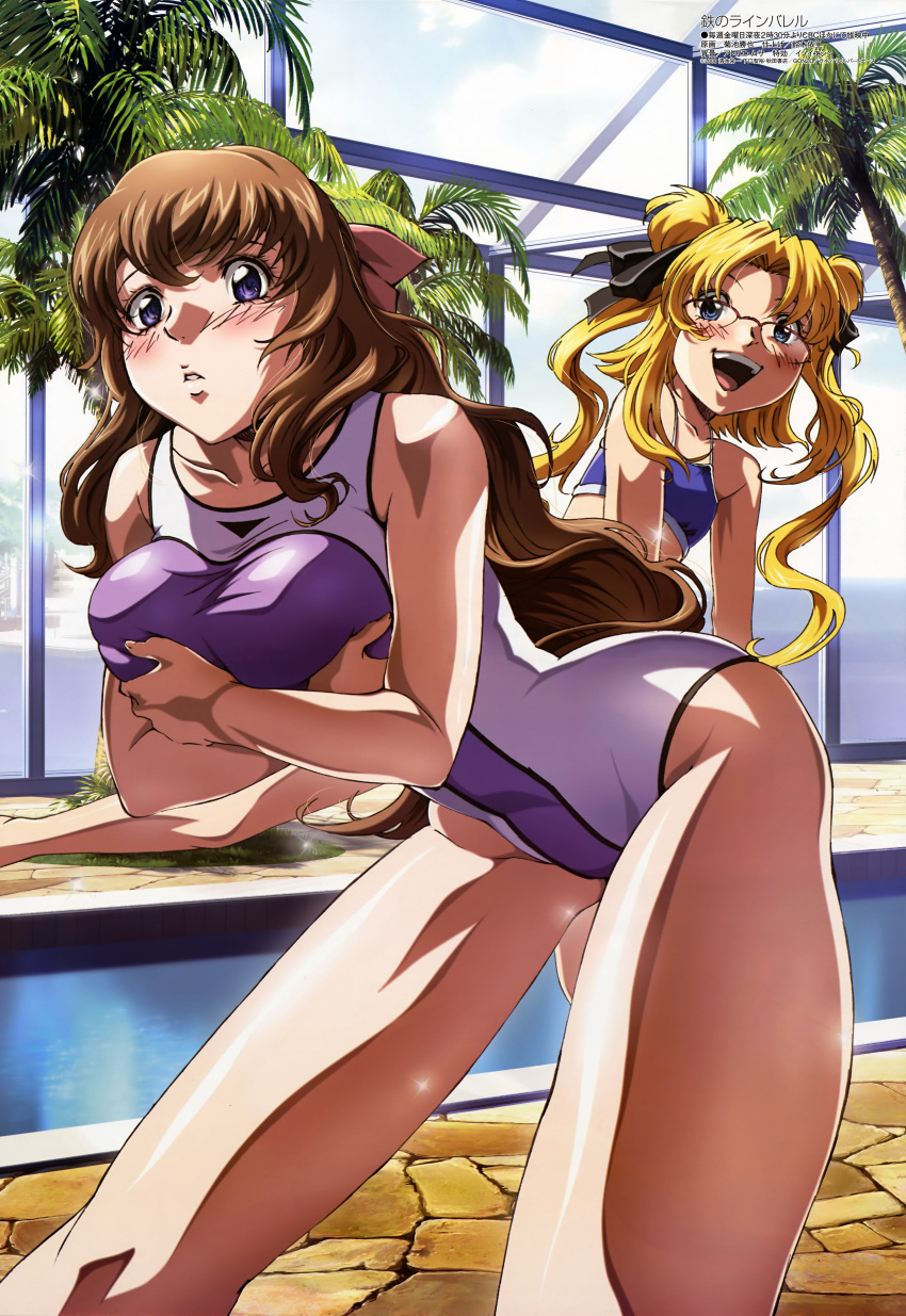 2girls :d absurdres bent_over bikini blonde_hair blue_eyes blush breast_hold breasts brown_hair embarrassed flat_chest glasses hair_ribbon highres impossible_clothes indoors kikuchi_katsuya kujou_miu kurogane_no_linebarrel large_breasts long_hair looking_back megami_magazine multiple_girls non-web_source official_art one-piece_swimsuit open_mouth palm_tree pool poolside purple_eyes rachel_calvin ribbon scan smile swimsuit tankini thighs tree twintails water wide_hips window