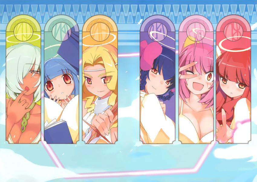 6+girls ahoge apollo_(kaminomi) book breasts cleavage column_lineup dark-skinned_female dark_skin diana_(kaminomi) hair_over_one_eye halo highres jewelry kami_nomi_zo_shiru_sekai large_breasts mars_(kaminomi) mercurius_(kaminomi) minerva_(kaminomi) multiple_girls necklace one_eye_closed v vulcanus_(kaminomi) wakaki_tamiki