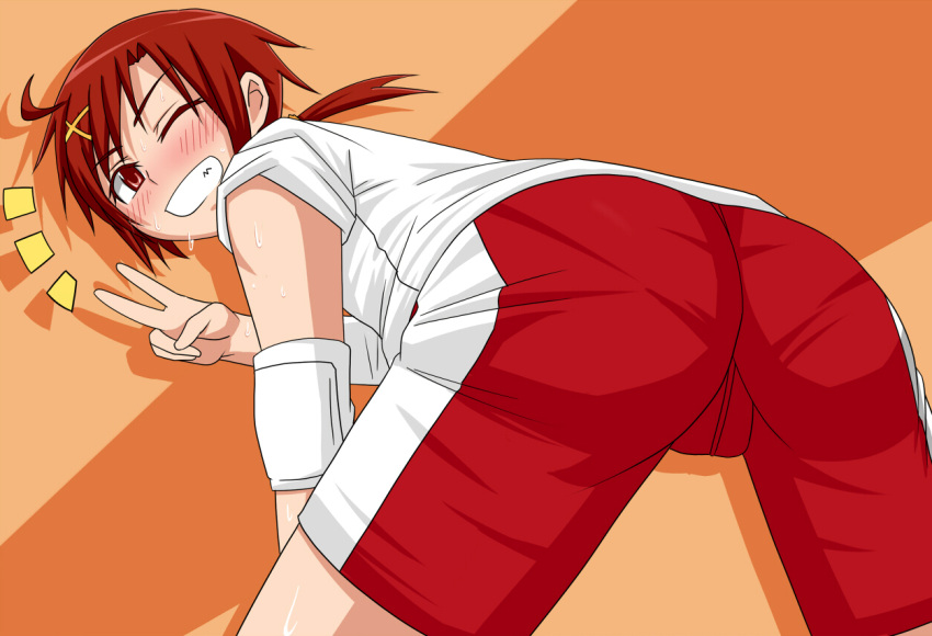 ;d ahoge ass bad_id bad_pixiv_id blush elbow_pads female grin gym_shorts gym_uniform hair_ornament hairclip hino_akane_(smile_precure!) keke_(kekekue) looking_at_viewer one_eye_closed open_mouth orange_background precure red_hair red_shorts shirt short_hair shorts simple_background smile smile_precure solo sweat t-shirt v