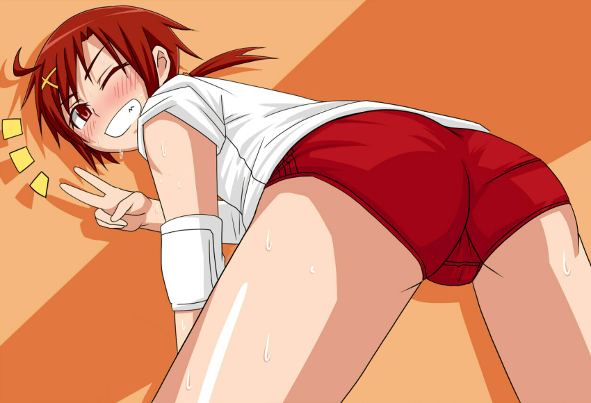 ;d ahoge ass bad_id bad_pixiv_id blush buruma elbow_pads female grin gym_uniform hair_ornament hairclip hino_akane_(smile_precure!) keke_(kekekue) looking_at_viewer one_eye_closed open_mouth orange_background precure red_buruma red_hair shirt short_hair simple_background sleeves_rolled_up smile smile_precure solo sweat t-shirt v