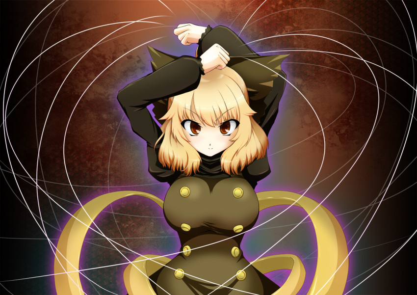 arms_up bad_id bad_pixiv_id blonde_hair bow breasts commentary_request dress female hairbow hassen_(8cm) kurodani_yamame large_breasts looking_at_viewer photoshop_(medium) red_eyes short_hair smile solo string string_around_finger touhou