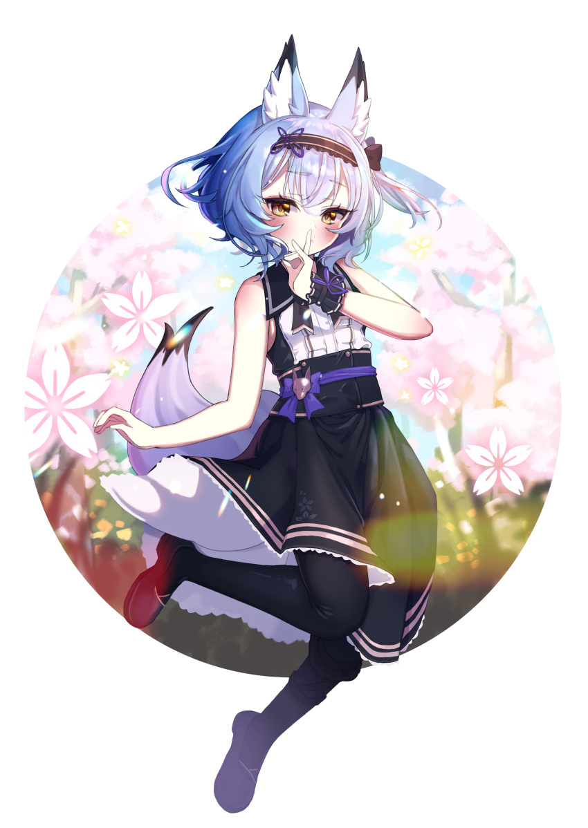 absurdres animal_ear_fluff animal_ears bad_id bad_pixiv_id blue_hair dress female flat_chest flower fox_ears fox_girl fox_tail full_body hairband highres neetdrop orange_eyes short_hair sleeveless sleeveless_dress solo tail vrchat wrist_cuffs yuuko-zoku_no_onee-chan