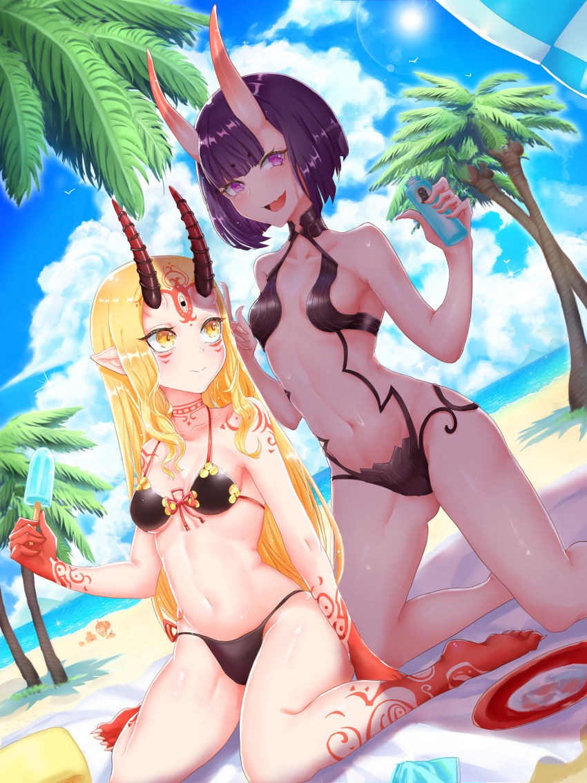 3girls absurdres armpit_peek bare_shoulders beach bikini bird black_bikini blonde_hair bob_cut breasts collarbone darius_iii_(fate) facial_mark fate/grand_order fate_(series) fingernails food forehead_mark fujimaru_ritsuka_(female) highres holding holding_food holding_popsicle horns ibaraki_douji_(fate) kneeling long_hair lotion multiple_girls navel oerba_yun_fang oni open_mouth outdoors palm_tree pointy_ears popsicle purple_eyes purple_hair qisaiman red_ribbon revealing_clothes ribbon sand_castle sand_sculpture sharp_fingernails sharp_toenails short_hair shoulder_tattoo shuten_douji_(fate) skin-covered_horns skin_fang small_breasts smile sunscreen swimsuit tattoo toenails tree yellow_eyes