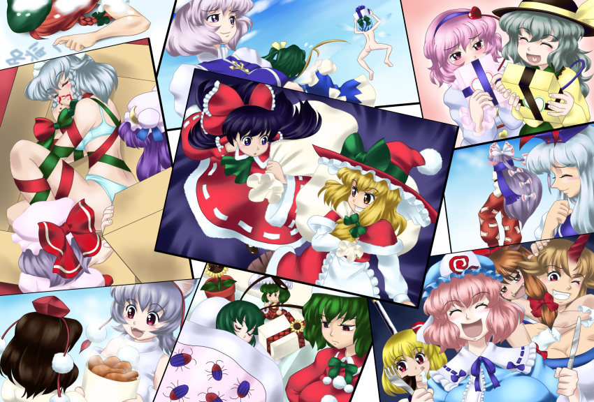 6+girls animal_ears antennae blonde_hair blood blue_bra blue_panties blush bow box bra cirno commentary_request daiyousei drooling flower food fork fujiwara_no_mokou gift hairbow hakurei_reimu hat highres hong_meiling horns hoshiguma_yuugi ibuki_suika in_box in_container inubashiri_momiji izayoi_sakuya kamishirasawa_keine kazami_yuuka kirisame_marisa knife komeiji_koishi komeiji_satori letty_whiterock multiple_girls nosebleed nude oerba_yun_fang panties patchouli_knowledge raionsan remilia_scarlet ribbon rumia saigyouji_yuyuko shameimaru_aya single_horn smile sunflower tokin_hat touhou translated underwear underwear_only wolf_ears wriggle_nightbug