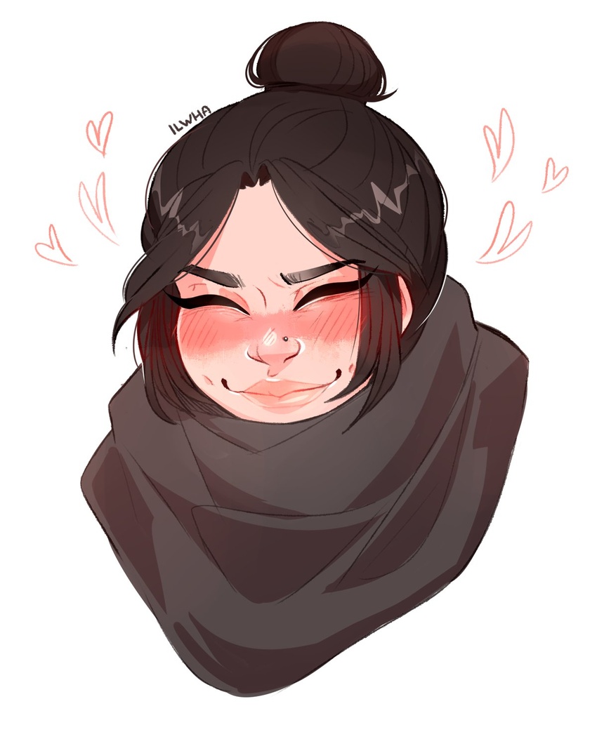 ^_^ apex_legends artist_name blush brown_hair closed_eyes commentary english_commentary female grey_scarf hair_behind_ear hair_bun head_only heart highres ilwha nose nose_piercing parted_bangs piercing scarf single_hair_bun smile solo wraith_(apex_legends)