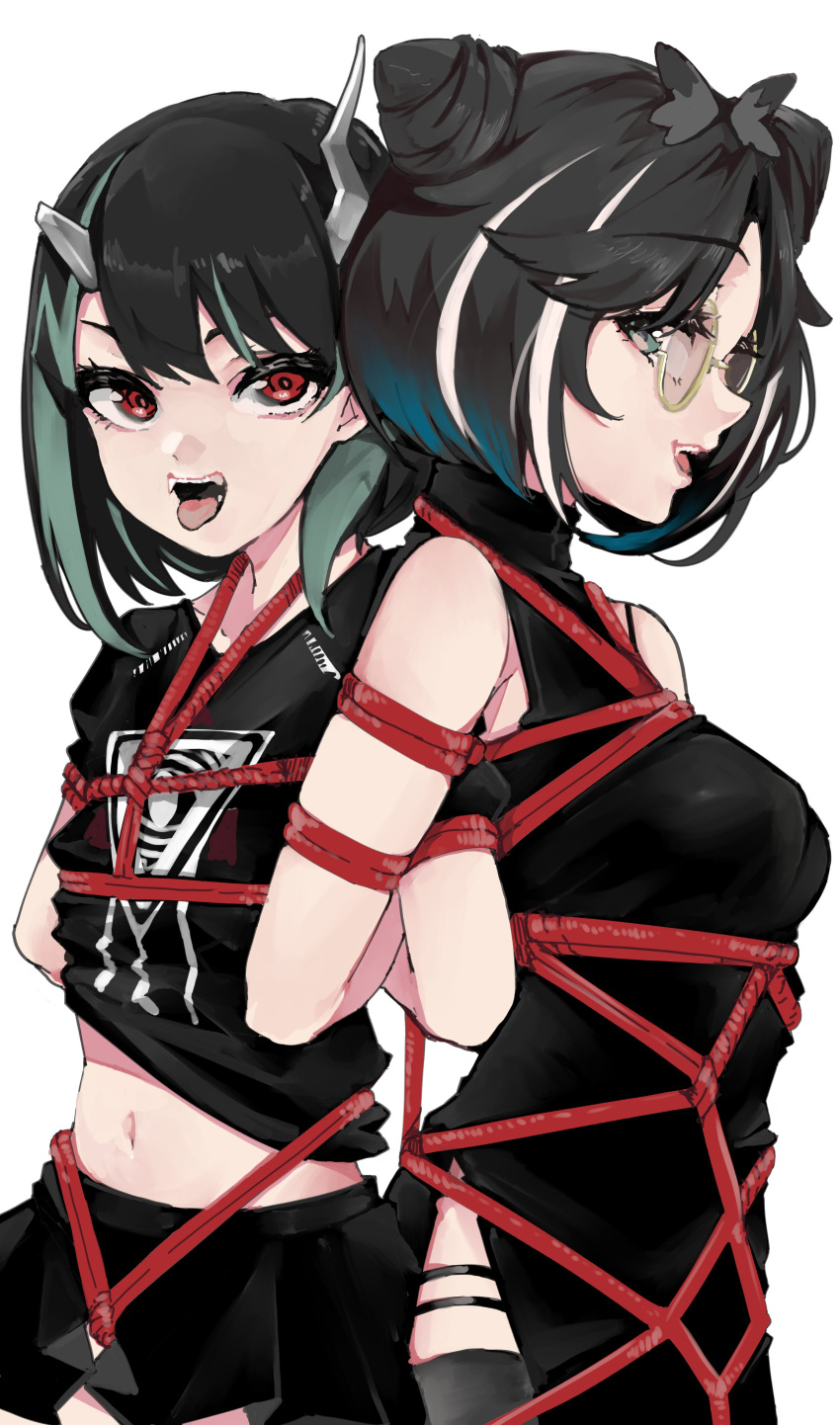 2girls absurdres animare black_dress black_hair black_shirt black_skirt black_thighhighs blue_hair bondage breasts china_dress chinese_clothes commentary_request cowboy_shot demon_girl demon_horns dress eye_of_providence flat_chest green_hair highres horns locked_arms looking_at_viewer looking_to_the_side medium_breasts medium_hair midriff multicolored_hair multiple_girls nanashi_inc. navel oerba_yun_fang open_mouth oura_rukako oura_rukako_(2nd_costume) panyatteria pince-nez red_eyes red_rope rope round_eyewear shibari_over_clothes shirt shishio_chris simple_background skirt sleeveless sleeveless_dress smile streaked_hair sugar_lyric thighhighs two-tone_hair virtual_youtuber white_background white_hair yellow-framed_eyewear