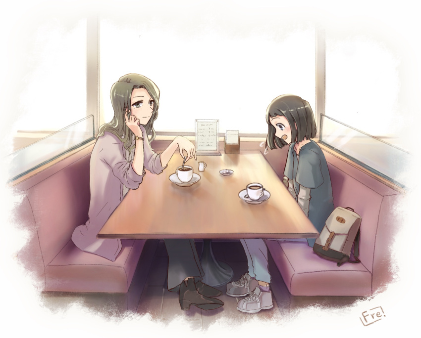 2girls :o artist_name backpack bag black_footwear brown_eyes brown_hair cup elbows_on_table fre_(silent_life) hayashi_renma highres indoors kanou_koyomi long_hair multiple_girls restaurant shirt shoes short_hair sitting sneakers stirring t-shirt table teacup watch wristwatch yagate_kimi_ni_naru yuri